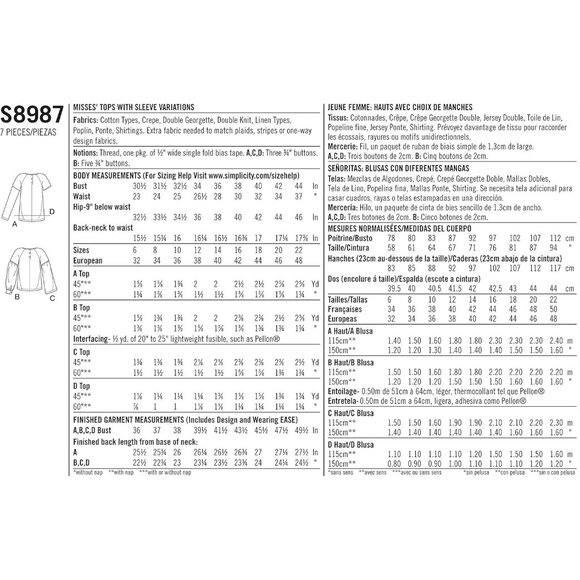 Simplicity S8987 Easy-To-Sew Misses Tops Sewing Pattern Multiple Sleeves 6-14 - Picture 2 of 6